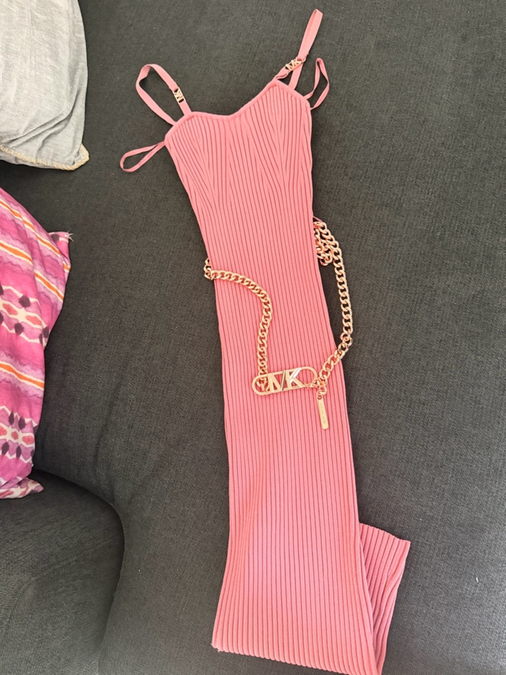 Michael Kors Pink Ribbed Knit Tank Dress with Rose Gold Chain - Picture 2 of 3